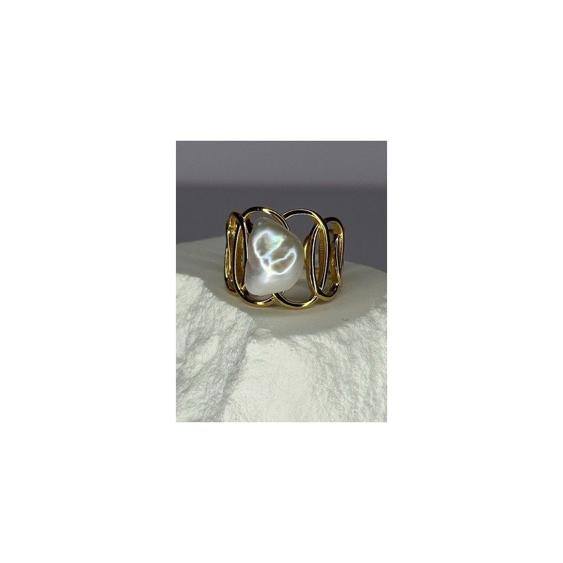 925 STERLING SILVER GOLD PLATED PEARL RING SIZE ADJUSTABLE
