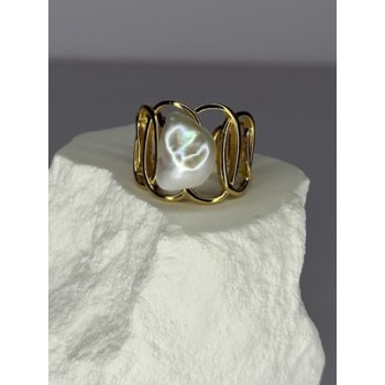925 STERLING SILVER GOLD PLATED PEARL RING SIZE ADJUSTABLE