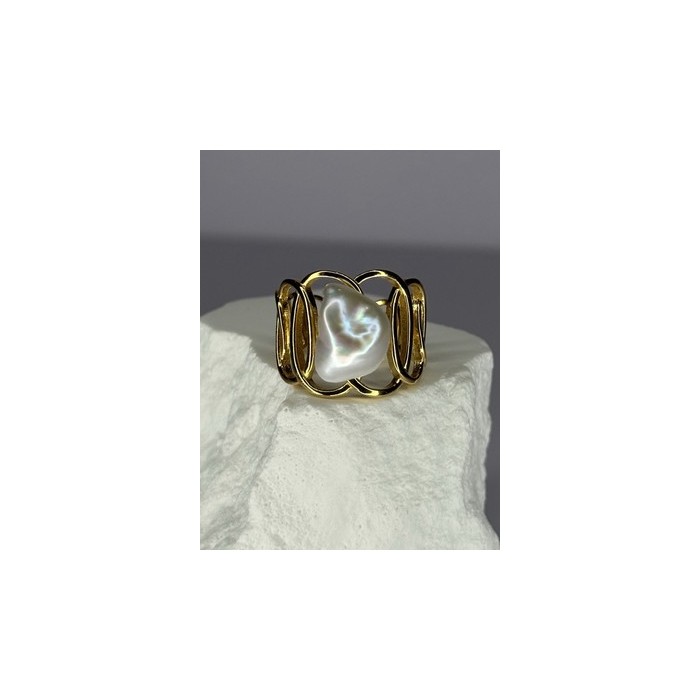 925 STERLING SILVER GOLD PLATED PEARL RING SIZE ADJUSTABLE