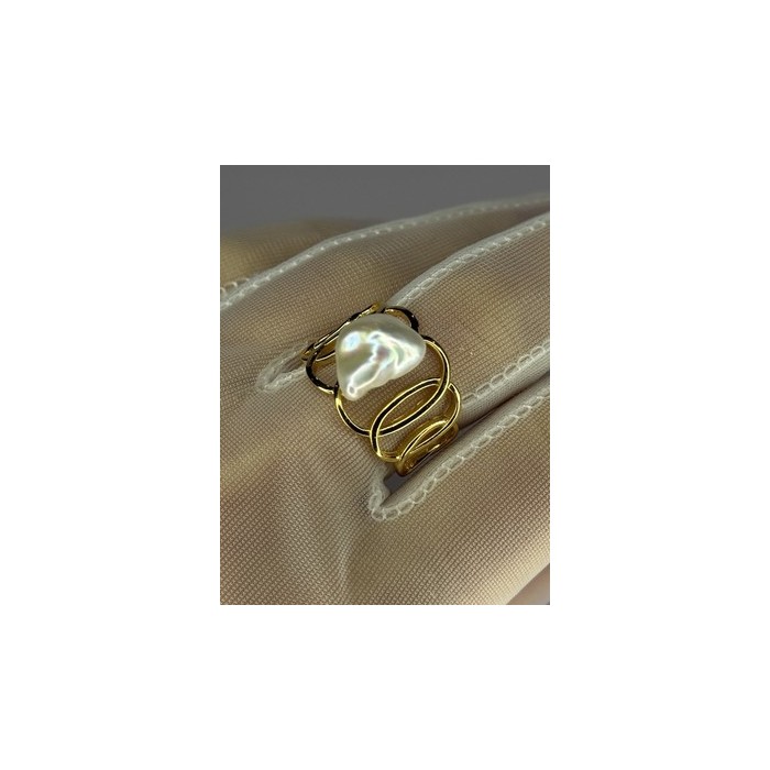 925 STERLING SILVER GOLD PLATED PEARL RING SIZE ADJUSTABLE
