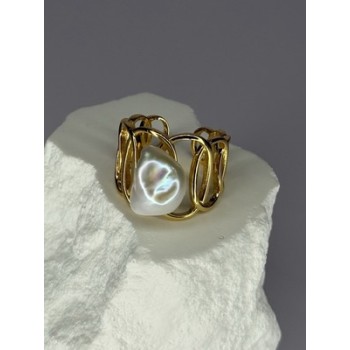 925 STERLING SILVER GOLD PLATED PEARL RING SIZE ADJUSTABLE