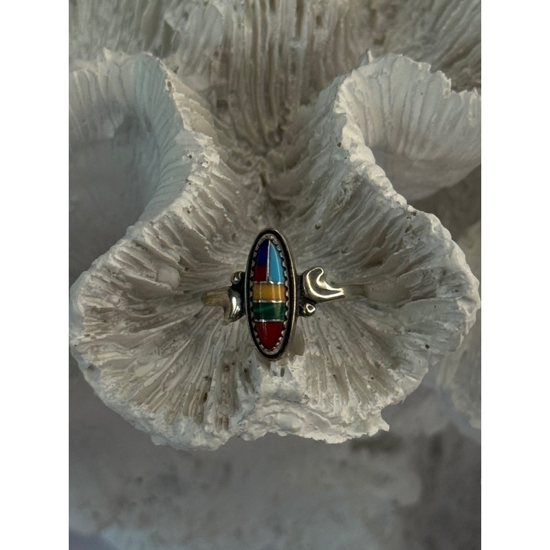 Colorful Native American 925 Sterling Silver Multi Gemstone Ring Size 5