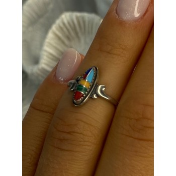 Colorful Native American 925 Sterling Silver Multi Gemstone Ring Size 5
