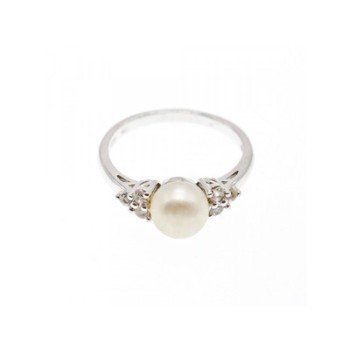 925 Sterling Silver Pearl & CZ Ring Size 7
