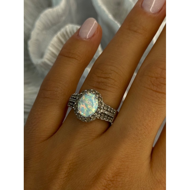 Jwbr 925 Sterling Silver Opal & Beryl Ring Size 7