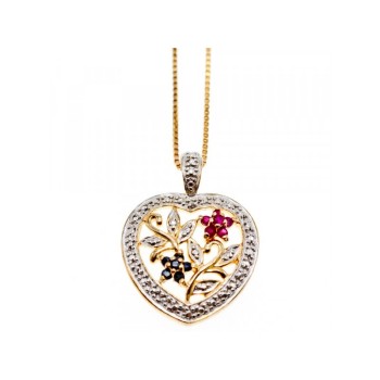 925 Sterling Silver Gold Plated Rubies & Sapphires Chain With Pendant Italy
