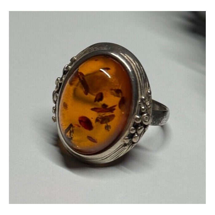 925 Sterling Silver Amber Ring Size 6