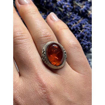 925 Sterling Silver Amber Ring Size 6