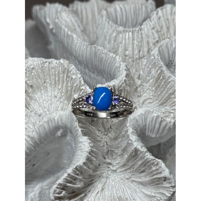 925 Sterling Silver Blue Agate, Tanzanite & Beryl Ring Size 7.5