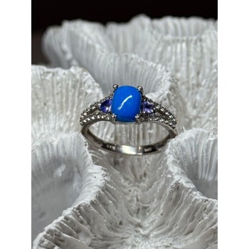 925 Sterling Silver Blue Agate, Tanzanite & Beryl Ring Size 7.5