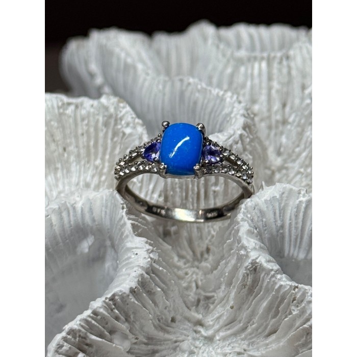 925 Sterling Silver Blue Agate, Tanzanite & Beryl Ring Size 7.5