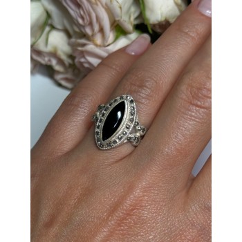 Vintage 925 Sterling Silver Onyx & Marcasite Ring Size 7