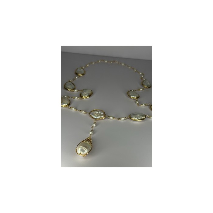 GOLD PLATED PEARL NECKLACE APPROX LENGTH 30 INCH THE BOTTOM OF PENDANT 3 INCH