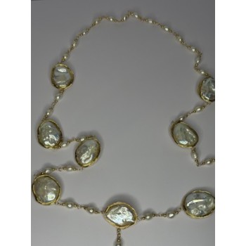 GOLD PLATED PEARL NECKLACE APPROX LENGTH 30 INCH THE BOTTOM OF PENDANT 3 INCH