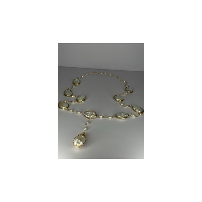 GOLD PLATED PEARL NECKLACE APPROX LENGTH 30 INCH THE BOTTOM OF PENDANT 3 INCH