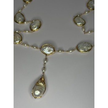 GOLD PLATED PEARL NECKLACE APPROX LENGTH 30 INCH THE BOTTOM OF PENDANT 3 INCH