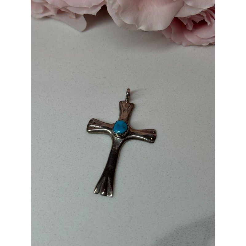 925 Sterling Silver Turquoise Cross Length 1.6 In