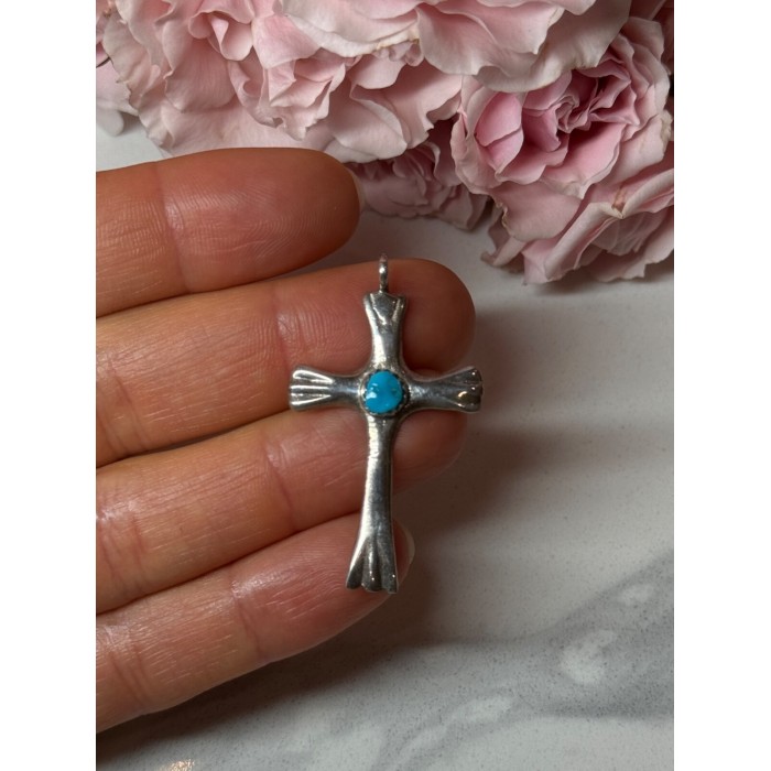 925 Sterling Silver Turquoise Cross Length 1.6 In