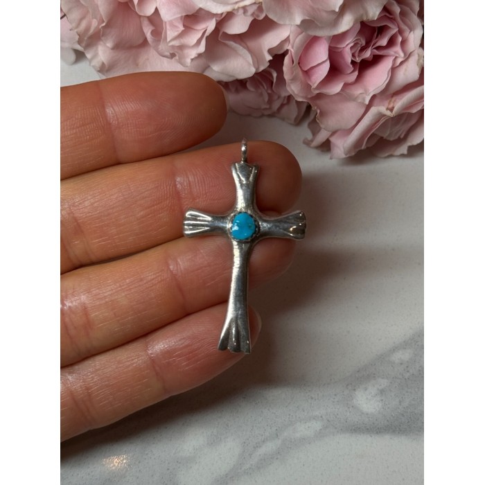 925 Sterling Silver Turquoise Cross Length 1.6 In