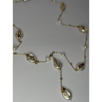 GOLD PLATED PEARL NECKLACE APPROX LENGTH 32 INCH BOTTOM OF PENDANT 4 INCH