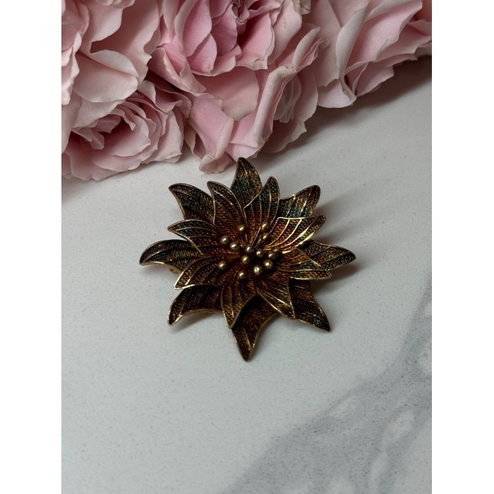 925 Sterling Silver Gold Plated Brooch Flower Length 1.6 In