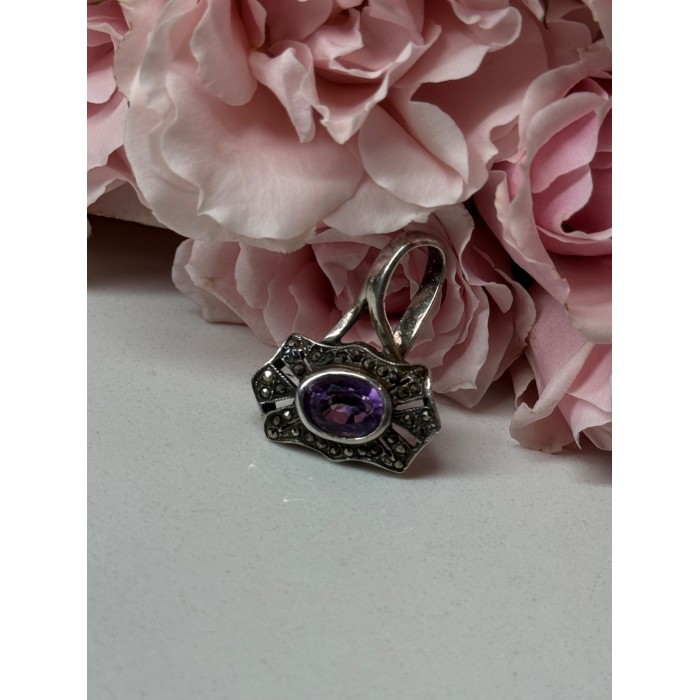 925 Sterling Silver Amethyst & Marcasite Pendant Length 1 In