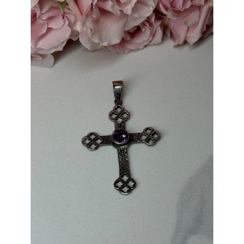925 Sterling Silver Amethyst Cross Length 2.2 In