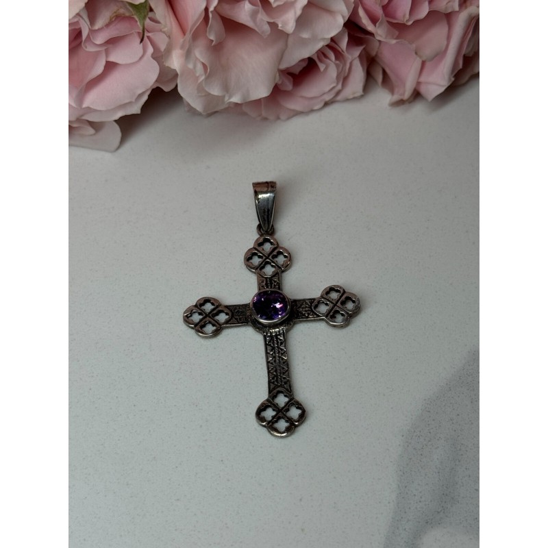 925 Sterling Silver Amethyst Cross Length 2.2 In