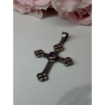 925 Sterling Silver Amethyst Cross Length 2.2 In