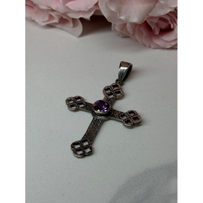 925 Sterling Silver Amethyst Cross Length 2.2 In