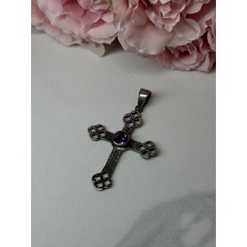 925 Sterling Silver Amethyst Cross Length 2.2 In