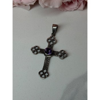925 Sterling Silver Amethyst Cross Length 2.2 In