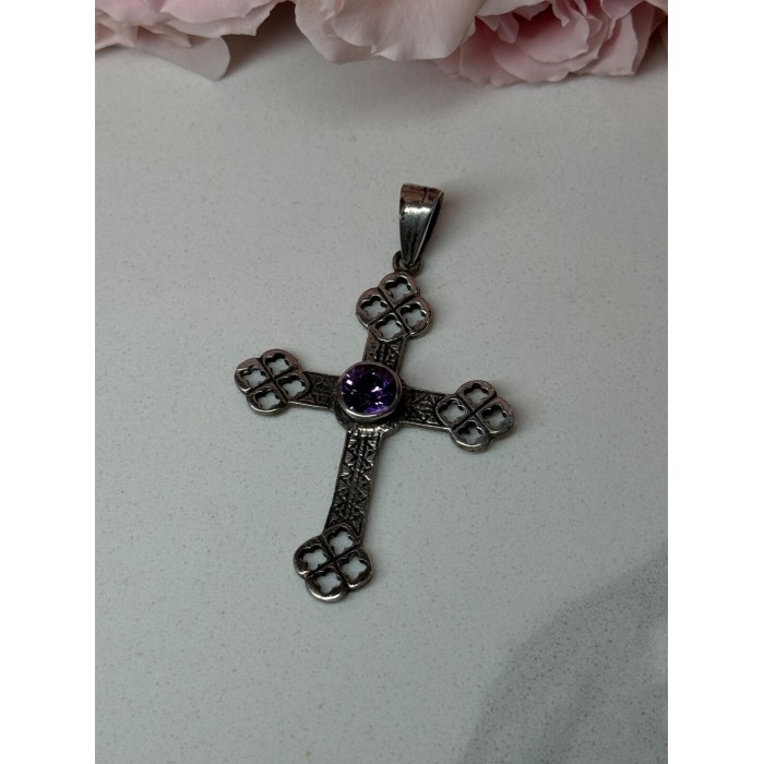 925 Sterling Silver Amethyst Cross Length 2.2 In
