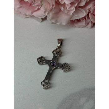 925 Sterling Silver Amethyst Cross Length 2.2 In