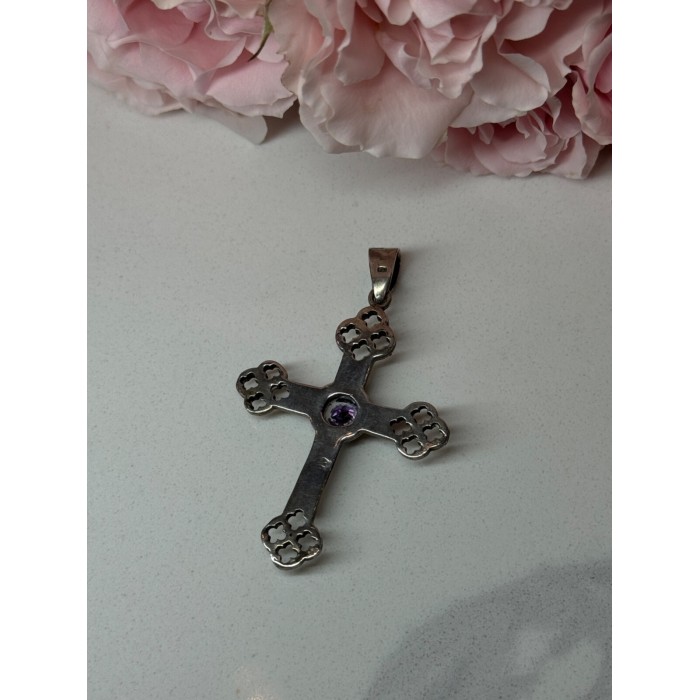 925 Sterling Silver Amethyst Cross Length 2.2 In