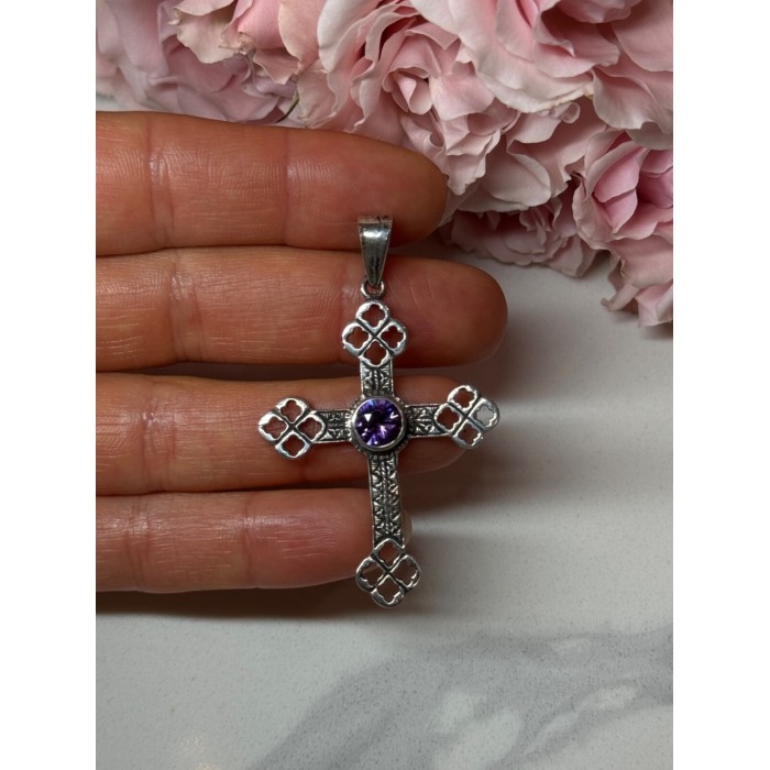 925 Sterling Silver Amethyst Cross Length 2.2 In