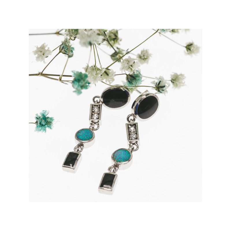 925 Sterling Silver Onyx, Opal & CZ Earrings