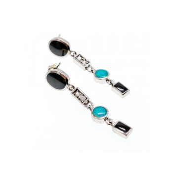 925 Sterling Silver Onyx, Opal & CZ Earrings