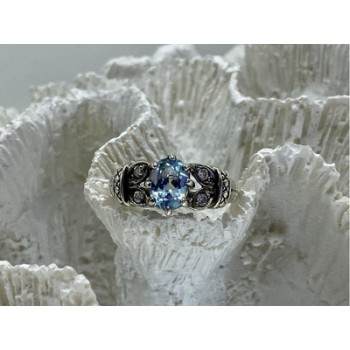 925 Sterling Silver Blue Spinel & CZ Ring Size 6.5