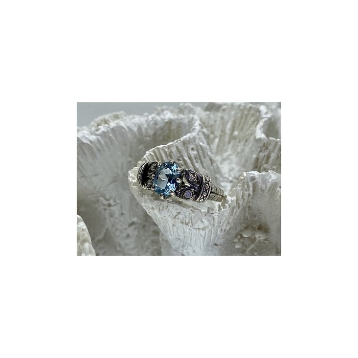 925 Sterling Silver Blue Spinel & CZ Ring Size 6.5