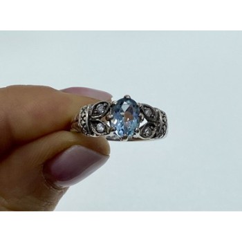 925 Sterling Silver Blue Spinel & CZ Ring Size 6.5