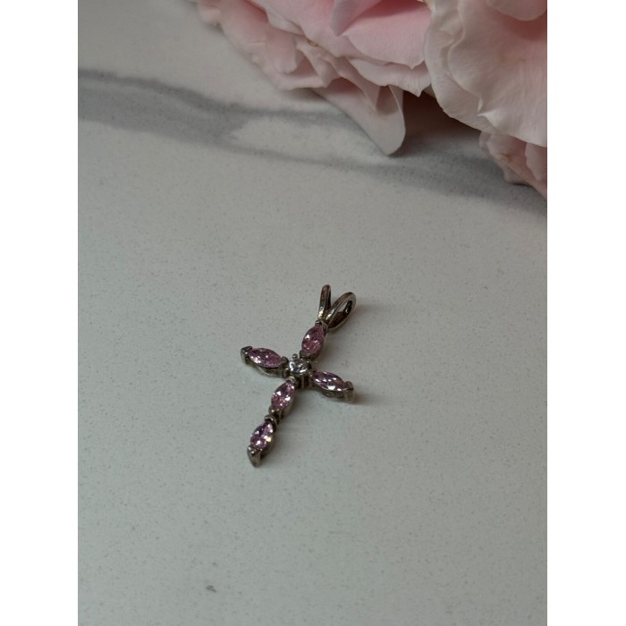 925 Sterling Silver Morganite & CZ Cross Length 1.1 In