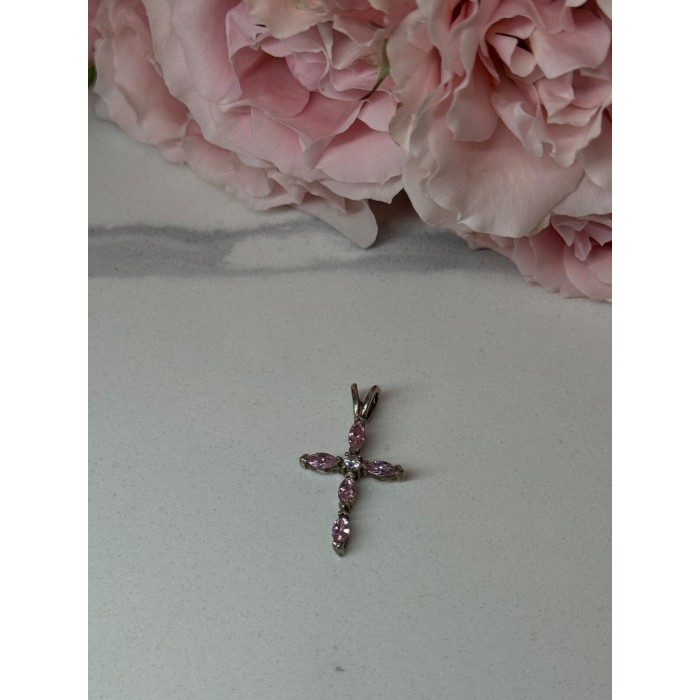 925 Sterling Silver Morganite & CZ Cross Length 1.1 In