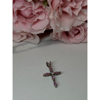 925 Sterling Silver Morganite & CZ Cross Length 1.1 In