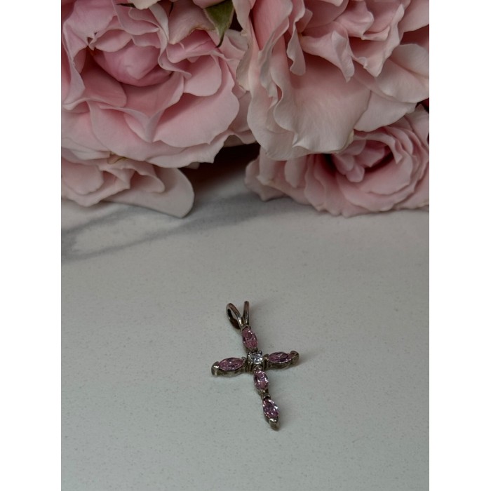 925 Sterling Silver Morganite & CZ Cross Length 1.1 In