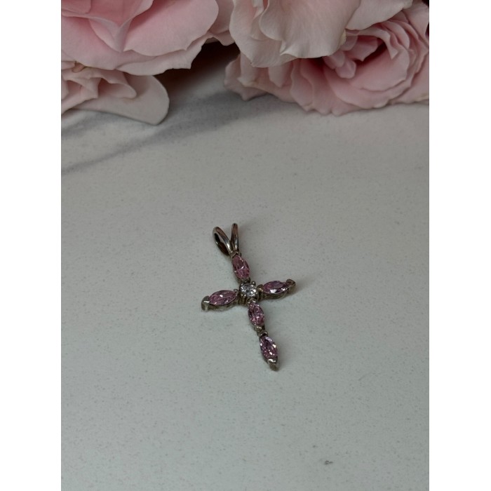925 Sterling Silver Morganite & CZ Cross Length 1.1 In