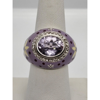 925 Sterling Silver With Amethyst & Quartz On Enamel Ring Size 7.5