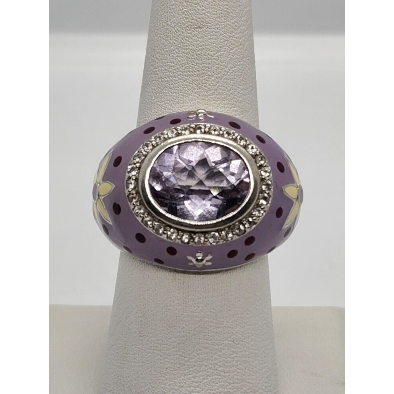 925 Sterling Silver With Amethyst & Quartz On Enamel Ring Size 7.5