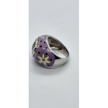 925 Sterling Silver With Amethyst & Quartz On Enamel Ring Size 7.5