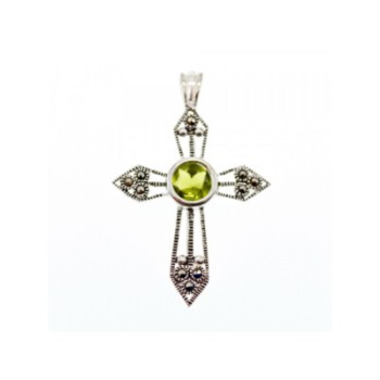 925 Sterling Silver Peridot & Marcasite Cross Pendant